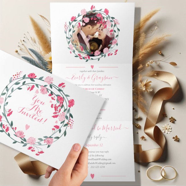 Convite Com Dobra Tripla Rosa Peônia Floral Casamento Tri-Dobrado (Criador carregado)