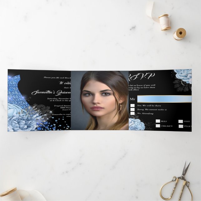 Convite Com Dobra Tripla Rosa PHOTO quinceanera, prata azul, brilho floral (Dentro)