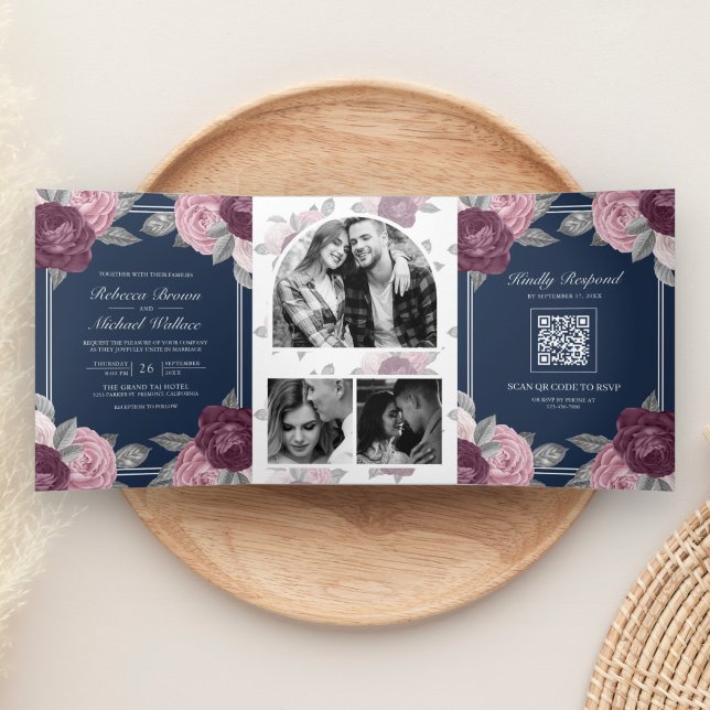Convite Com Dobra Tripla Rosa Roxo Empoeirado Código QR Casamento Azul Mari (Criador carregado)