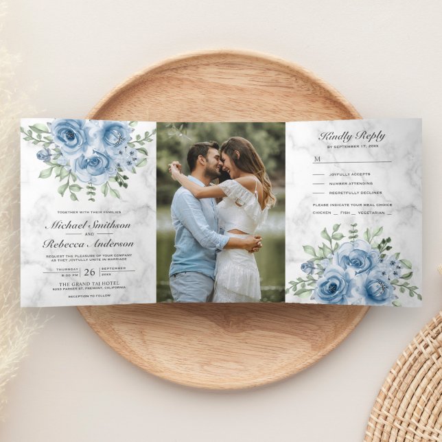 Convite Com Dobra Tripla Rosas Azuis Empoeiradas Rústicas Foto Casamento Má (Criador carregado)