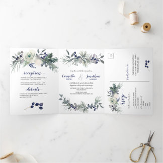 Convite Com Dobra Tripla Rosas brancas, Berries azuis, Casamento com Agulha