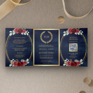 Convite Com Dobra Tripla Rosas Burgundy All in One Código QR Casamento Navy