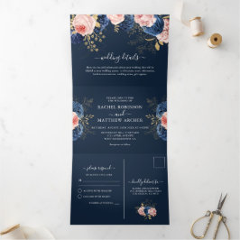 Convite Com Dobra Tripla Rosas Cor-de-rosa e Florais Navy Elegante Casament