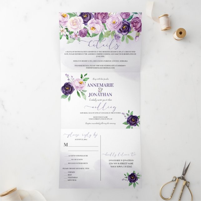 Convite Com Dobra Tripla Rosas de Lavanda roxas *DIY* Script de alteração d (Dentro)