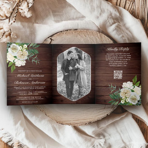 Convite Com Dobra Tripla Rosas de Marfim Código QR de Foto Botânica Casamen