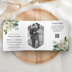 Convite Com Dobra Tripla Rosas de Marfim Floral Código QR de Foto Botânica 