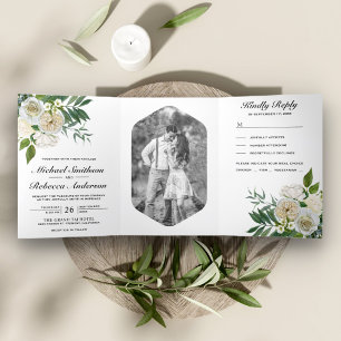 Convite Com Dobra Tripla Rosas de Marfim Foto Botânica Casamento Floral Bra