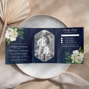 Convite Com Dobra Tripla Rosas de Marfim Fotografia Botânica Casamento Azul