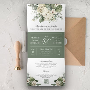 Convite Com Dobra Tripla Rosas de Marfim Verde Salvia Código QR Casamento