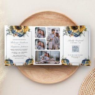 Convite Com Dobra Tripla Rosas Girassóis em Azul Empoeirado Código QR Foto
