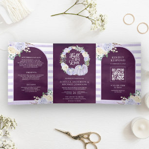 Convite Com Dobra Tripla Rosas Lavanda Abóbora Código QR Ameixa Casamento