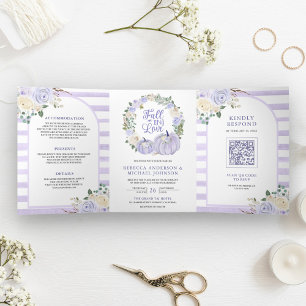 Convite Com Dobra Tripla Rosas Lavanda Abóbora Código QR Casamento
