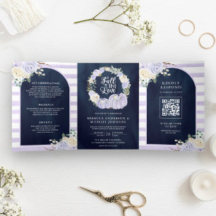 Convite Com Dobra Tripla Rosas lavandas Pumpkin Código QR Marinho Casamento