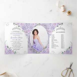 Convite Com Dobra Tripla Rosas Lilases Roxas Elegantes Fotos de Quinceañera