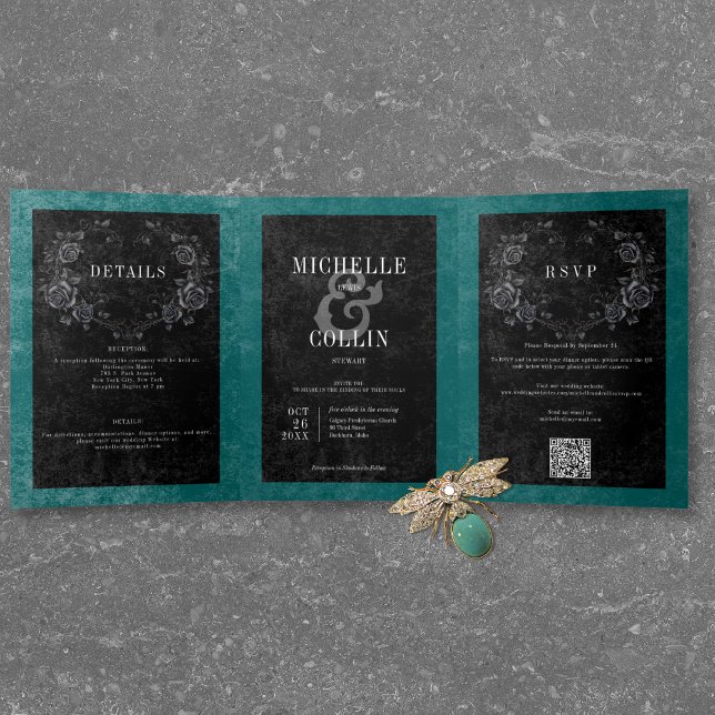 Convite Com Dobra Tripla Rosas Negras Gótica Casamento Teal (Gothic Black Raven & Black Roses Teal Wedding Tri-Fold Invitation)