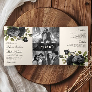 Convite Com Dobra Tripla Rosas Pretas Colagem de Fotos Florais Creme Casame