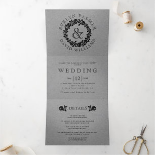Convite Com Dobra Tripla Rosas pretas Vintage cinza kraft casamento