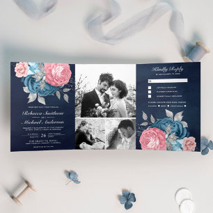Convite Com Dobra Tripla Rosas Rosa Bege Azul Floral Marinho Casamento