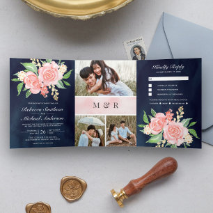 Convite Com Dobra Tripla Rosas Rosa Bege Fotografia Colagem Casamento Azul