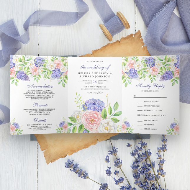 Convite Com Dobra Tripla Rosas Rosa Bege Hydrangea Roxa Casamento Floral (Criador carregado)