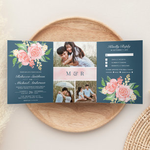 Convite Com Dobra Tripla Rosas Rosa Choque Fotografia Colagem Casamento Azu