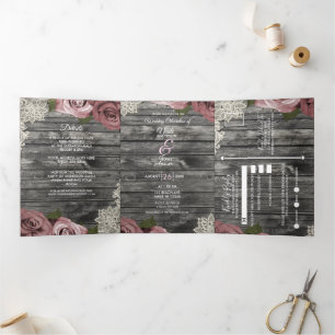 Convite Com Dobra Tripla Rosas Rosa Dusty e Casamento de Cinzas Rústicas