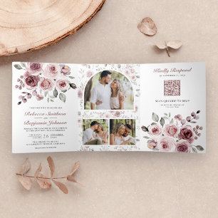 Convite Com Dobra Tripla Rosas Rosa Dusty Todas em Um Casamento de Código Q