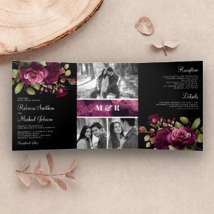 Convite Com Dobra Tripla Rosas Roxas Sombrias Foto Colagem Casamento Preto