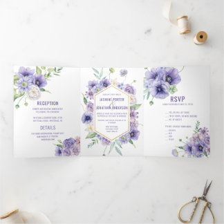 Convite Com Dobra Tripla Rosas Roxos Disies Hydrangeas Casamento