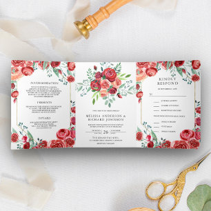 Convite Com Dobra Tripla Rosas Vermelhas Borgonha Modernas Florais 3 em 1 C