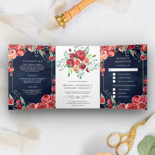 Convite Com Dobra Tripla Rosas Vermelhas Burgundy Modernas Florais Azul Mar