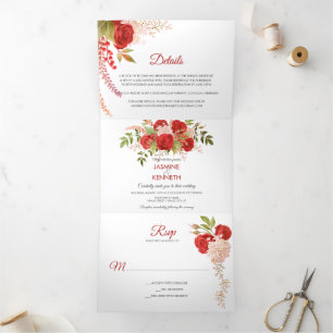 Convite Com Dobra Tripla Rosas Vermelhas de Inverno em Aquarela e Casamento