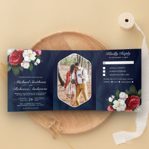 Convite Com Dobra Tripla Rosas Vermelhas e Magnólia Branca Casamento Azul N