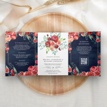 Rosas Vermelhas Floral Código QR Casamento Azul Ma