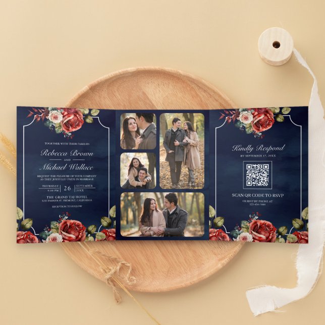 Convite Com Dobra Tripla Rosas Vermelhas Quadro Floral Azul Marinho Código  (Criador carregado)