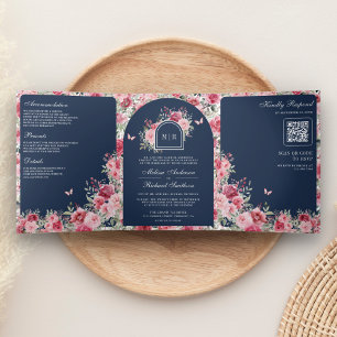 Convite Com Dobra Tripla Rosas Vermelhas Rosa de São Valentim Borboleta Azu
