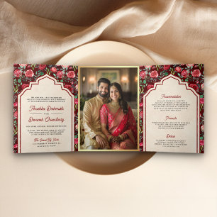 Convite Com Dobra Tripla Rosas Vermelhas Vintage Floral Casamento Indiano M
