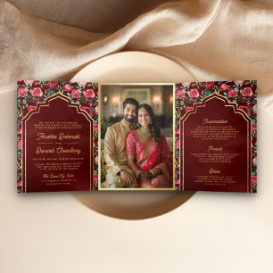 Convite Com Dobra Tripla Rosas Vermelho Marrom Floral Dourado Casamento Ind