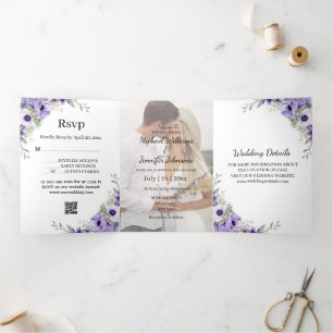 Convite Com Dobra Tripla roteiro moderno roxo floral foto casamento elegant