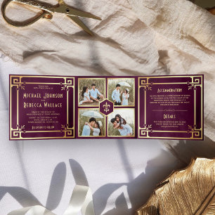 Convite Com Dobra Tripla Roxo Ameixa Dourado Art Déco Colagem de Fotos Casa