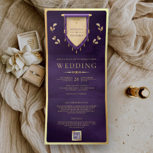 Convite Com Dobra Tripla Roxo Antigo Dourado Medieval com Enrolamentos para