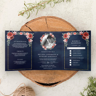 Convite Com Dobra Tripla Roxo e Borgonha Floral Azul Marinho Casamento