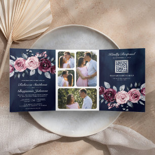 Convite Com Dobra Tripla Roxo Floral Código QR Casamento Azul Naval Rosa Em