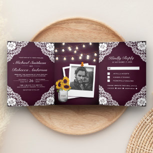 Convite Com Dobra Tripla Roxo Madeira Rústica Luzes de Corda Casamento