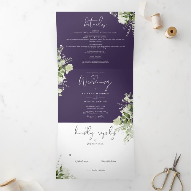 Convite Com Dobra Tripla Roxo Moderno Botânico Verde Foto Casamento (Dentro)
