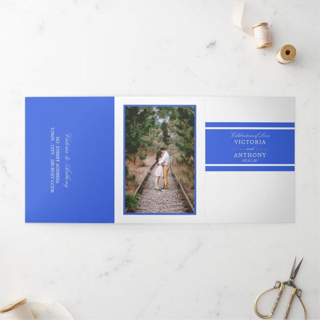 Convite Com Dobra Tripla Royal Blue Modern Wedding Suite (Fora)