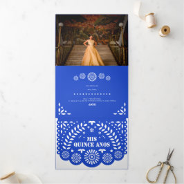 Convite Com Dobra Tripla Royal Blue Papel Picado Mis Quince Años