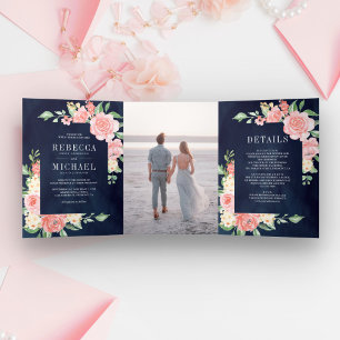 Convite Com Dobra Tripla Rubor Rosa Floral Florescer Foto Azul Marinho Casa