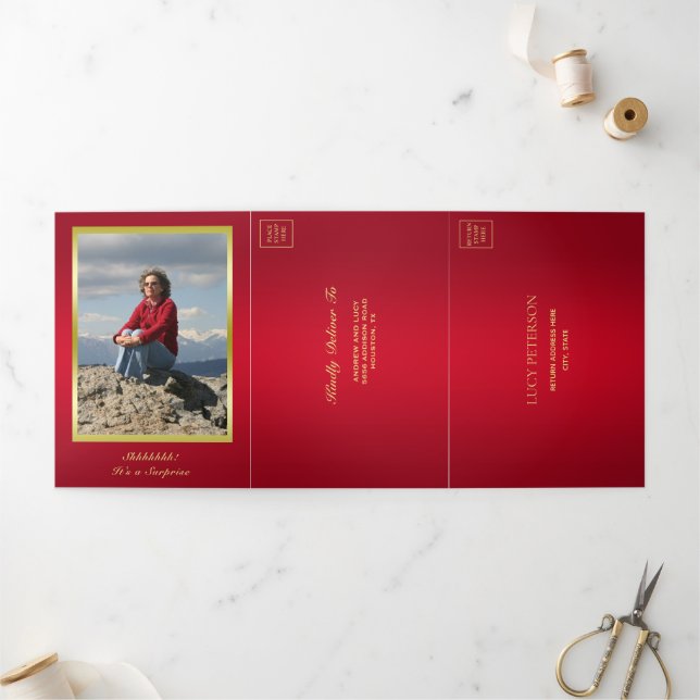 Convite Com Dobra Tripla Ruby, Foto Dourada, Código QR 50º aniversário surp (Fora)