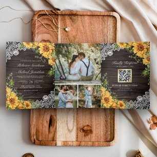 Convite Com Dobra Tripla Rustic Barn Wood Lace Girassóis Código QR Casament